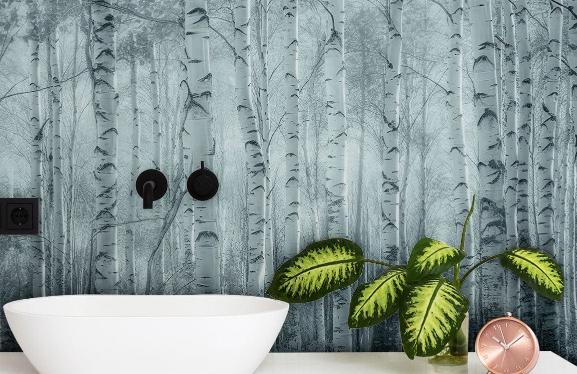 Misty Birch Forest Mural Wallpaper in bathroom