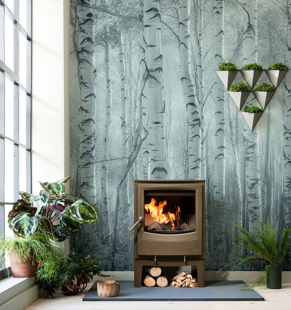 Misty Birch Forest Mural Wallpaper in living room