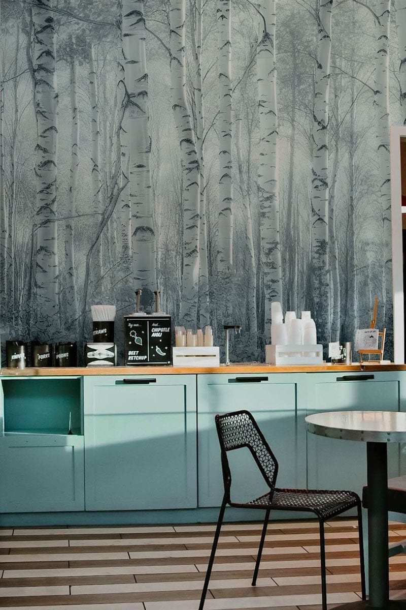 Misty Birch Forest Mural Wallpaper in restaurant setting