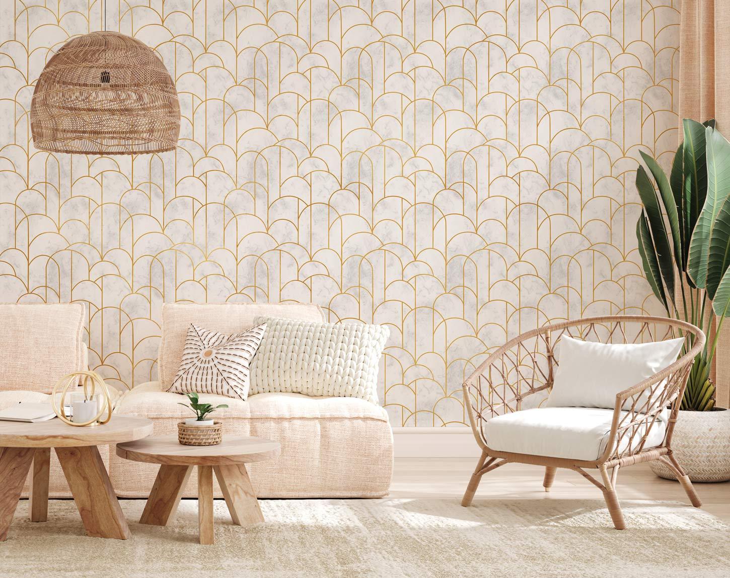 Elegant Gold Arch Geometric Mural Wallpaper in living room