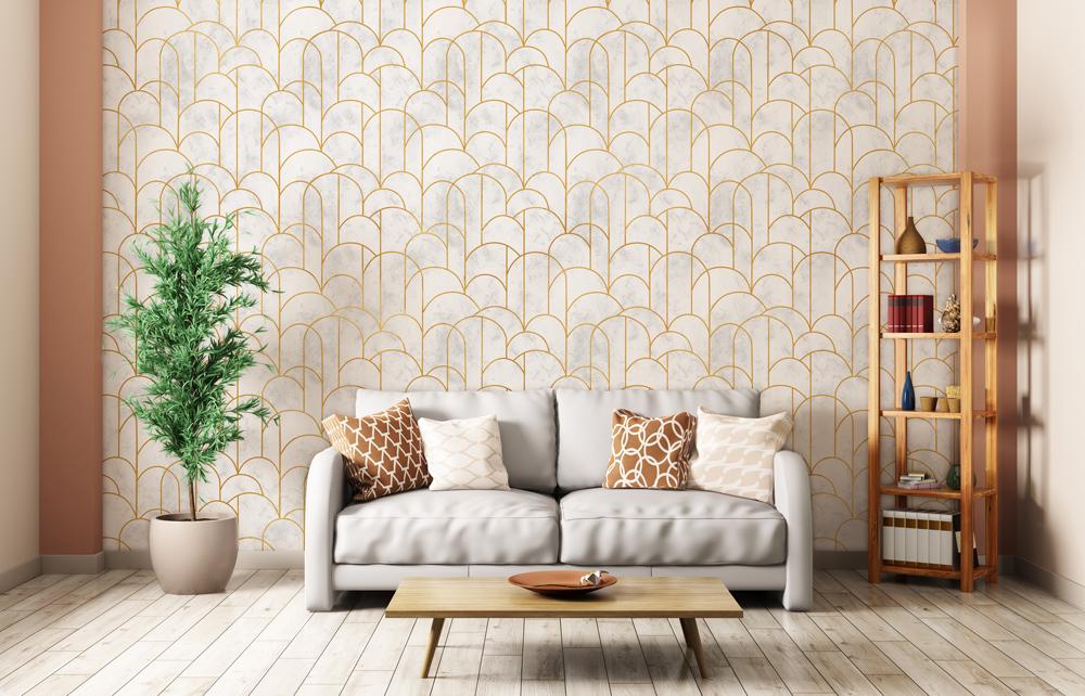 Elegant Gold Arch Geometric Mural Wallpaper in living room