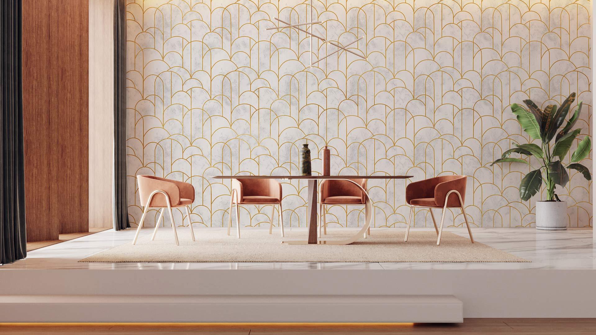 Elegant Gold Arch Geometric Mural Wallpaper in dining room