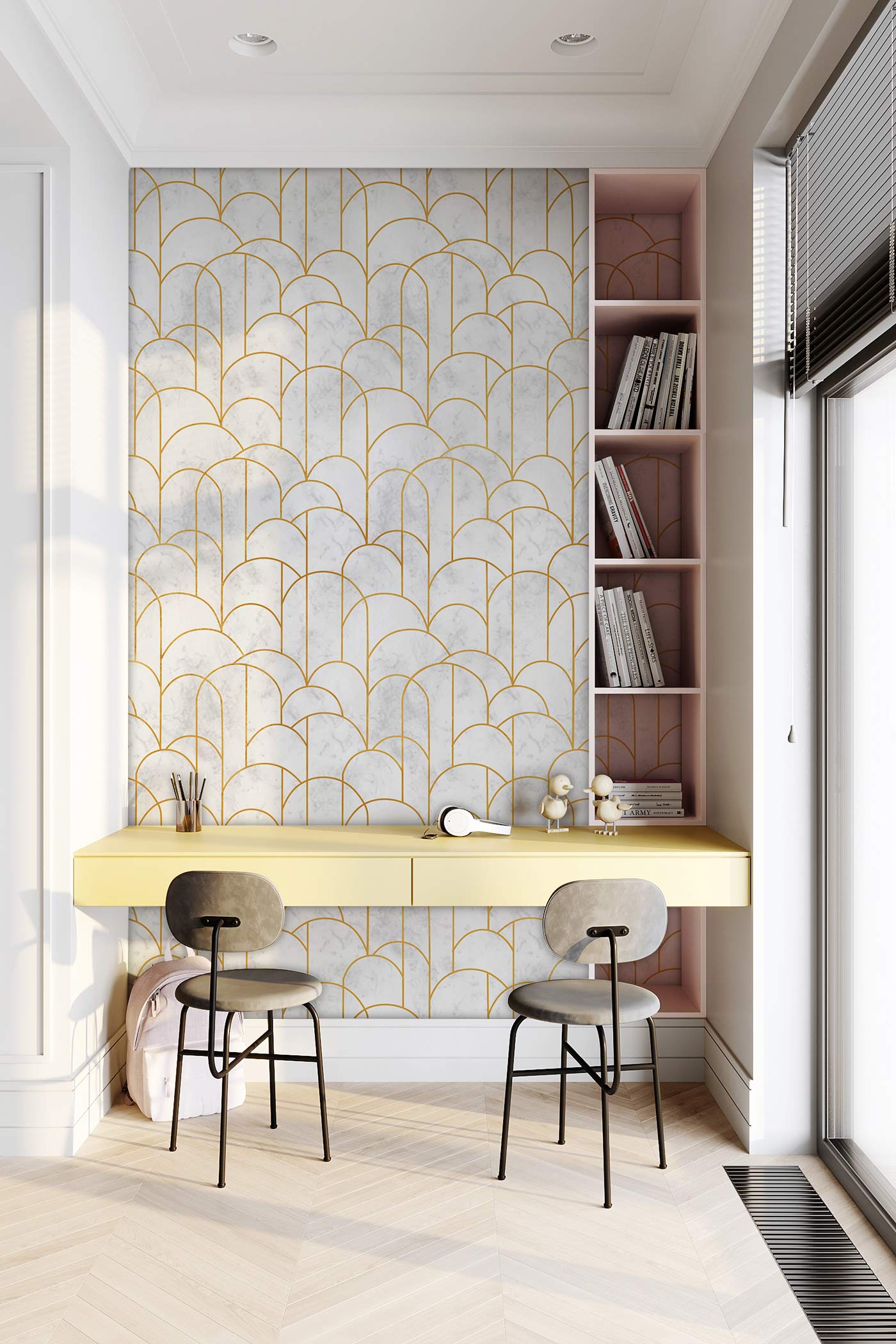 Elegant Gold Arch Geometric Mural Wallpaper in office