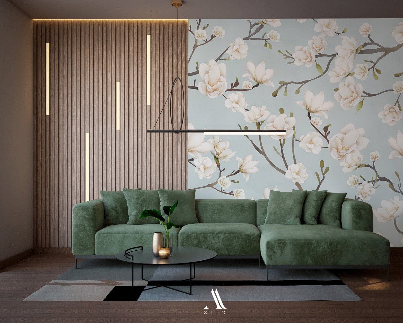 Elegant Magnolia Floral Mural Wallpaper in living room