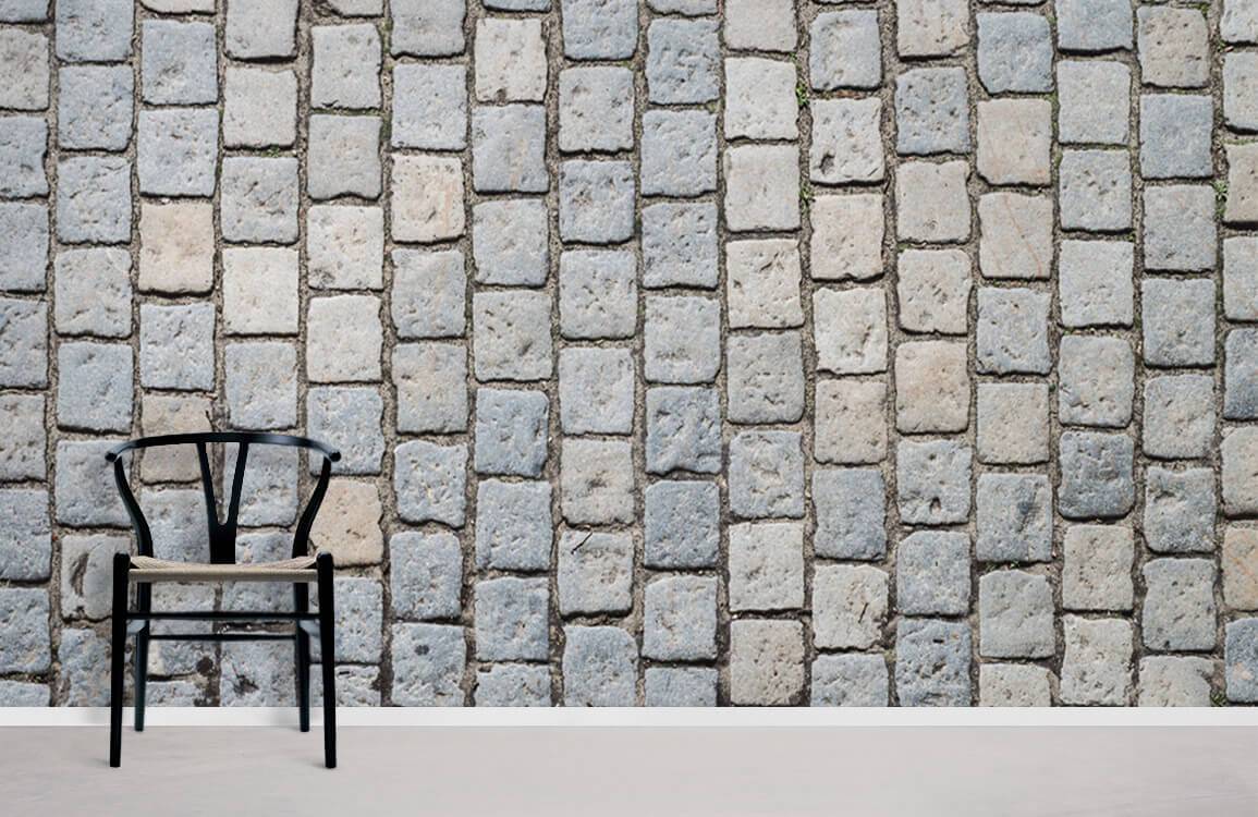 The living room wallpaper mural has a whitewash brick effect pattern.