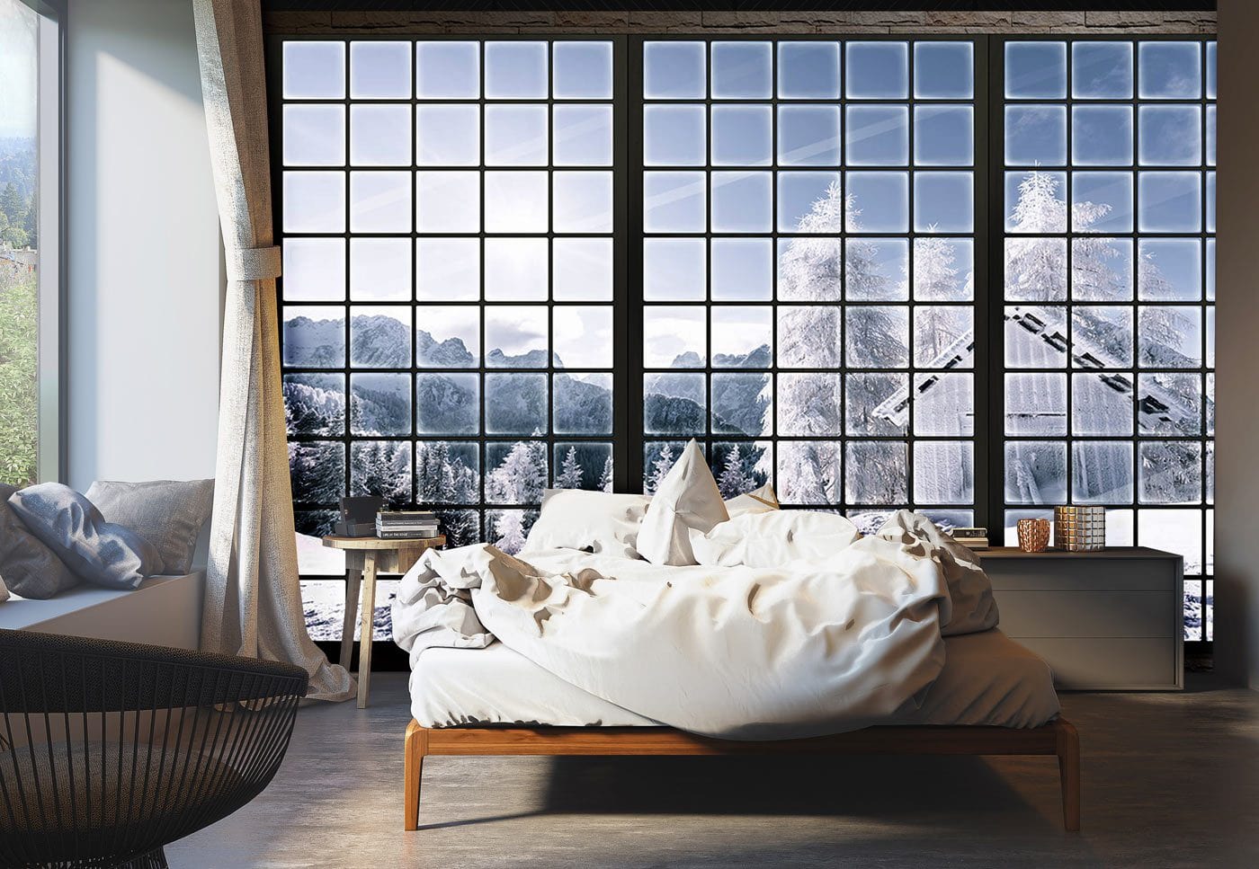 Wallpaper mural depicting a window with snow for use in interior design of a bedroom