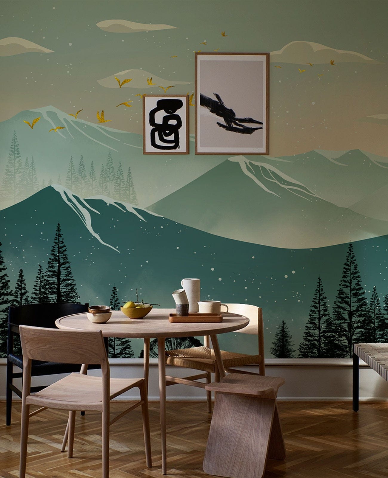 wallpaper mural with an ombre mountain scene for use in living room ideas