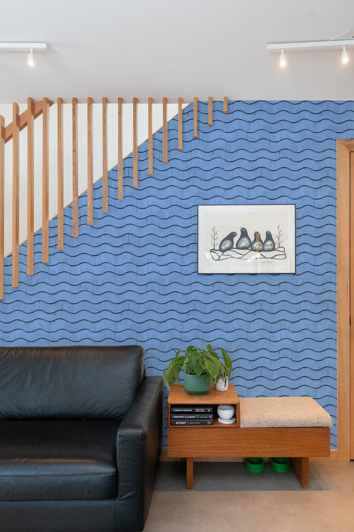 Modern Blue Geometric Wave Mural Wallpaper in living room