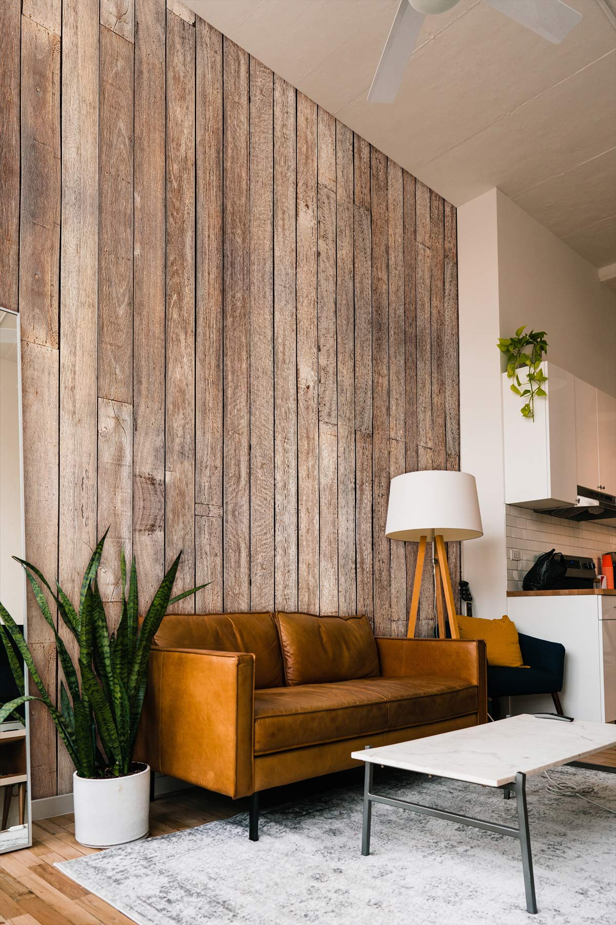 Rustic Reclaimed Wood Plank Wallpaper Mural in living room