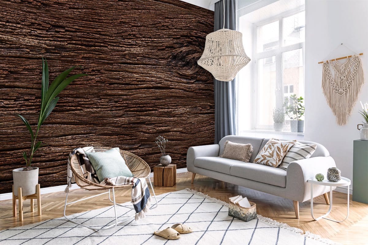Rustic Dark Wood Grain Mural Wallpaper in living room