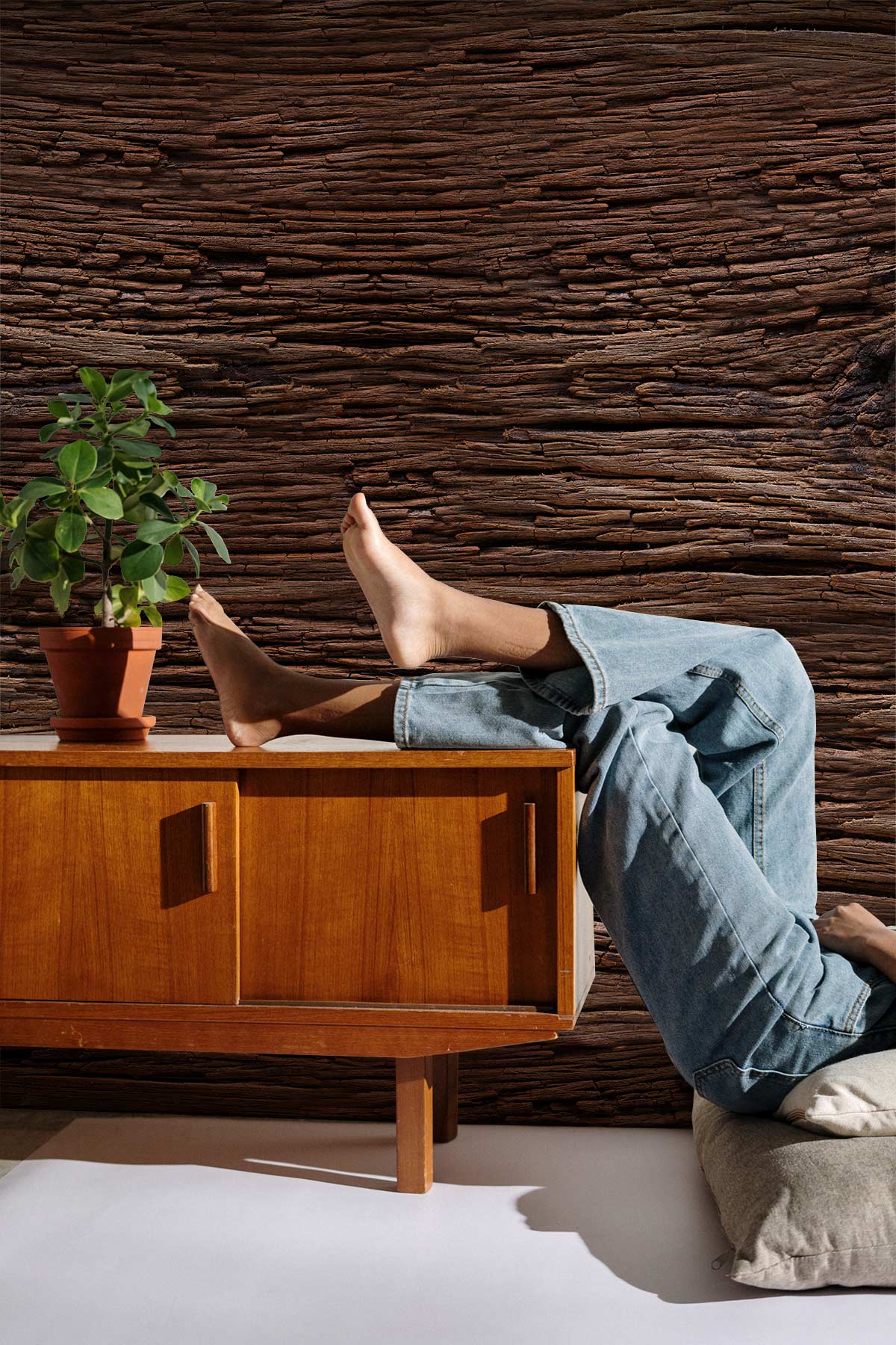 Rustic Dark Wood Grain Mural Wallpaper in living room