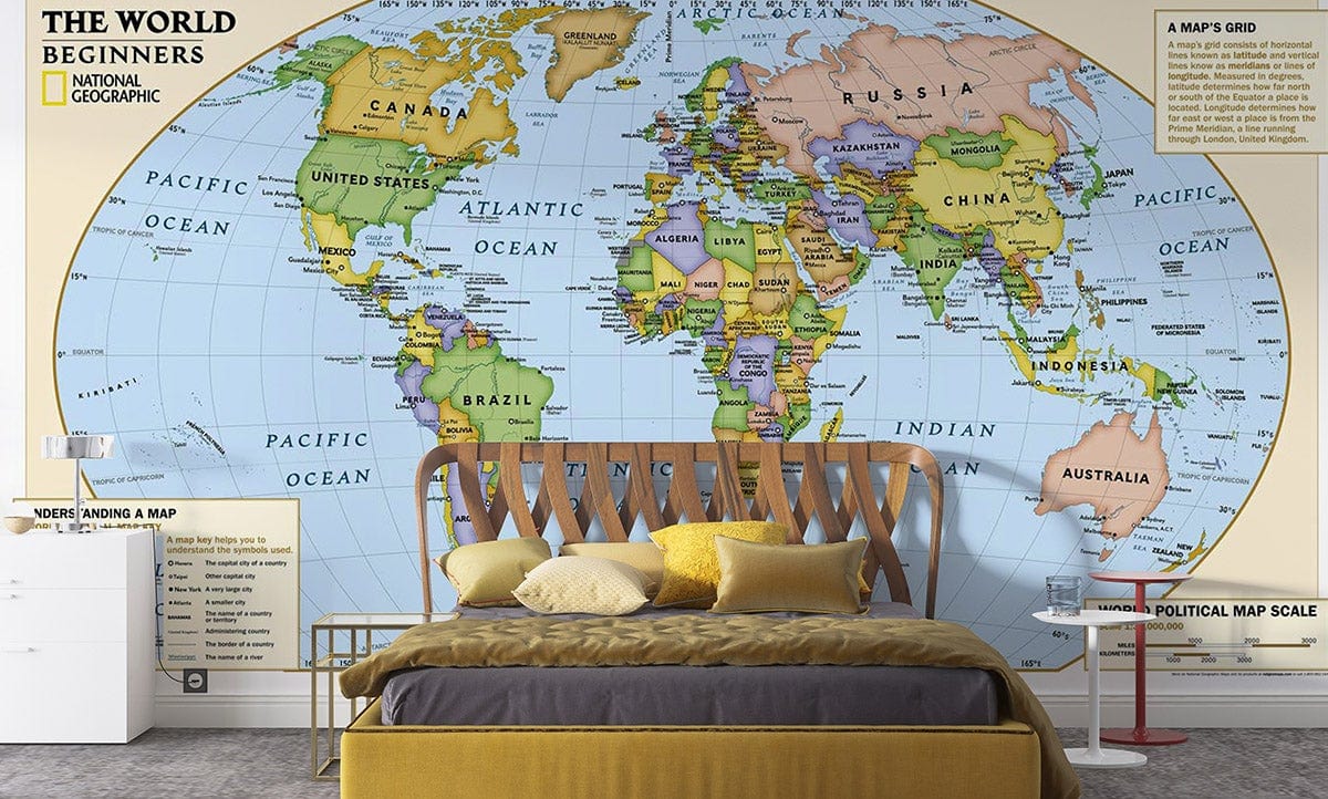 Educational World Map Kids Mural Wallpaper in bedroom