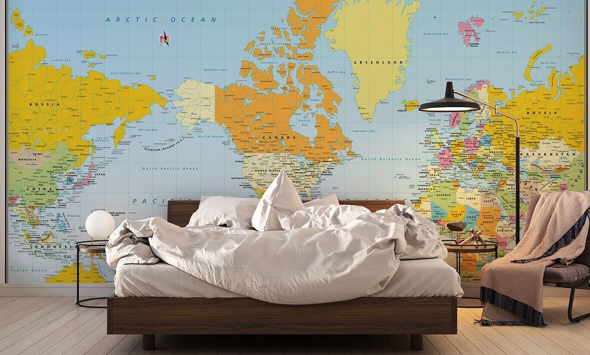 Educational Bright World Map Mural Wallpaper in bedroom
