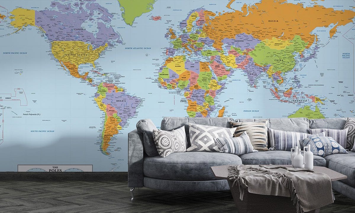 Colorful World Map Wall Mural in living room