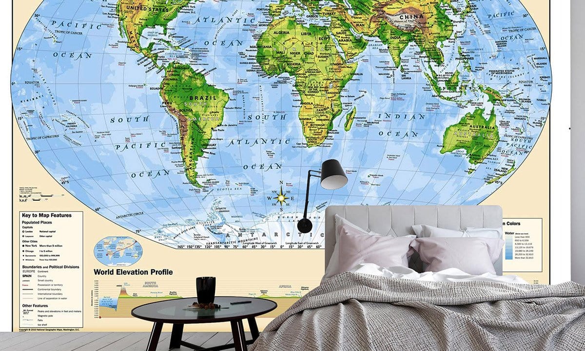 Educational Physical World Map Wall Mural in bedroom