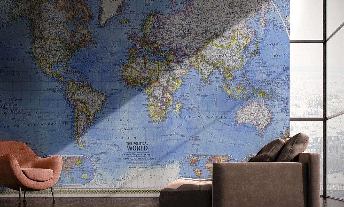 Vintage Ocean Blue World Map Wall Mural in office