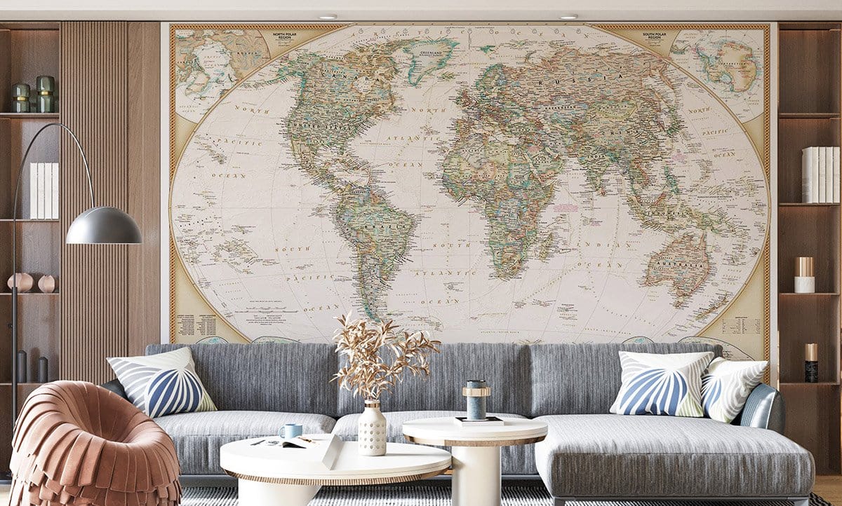 Vintage World Map Executive Mural Wallpaper in living room
