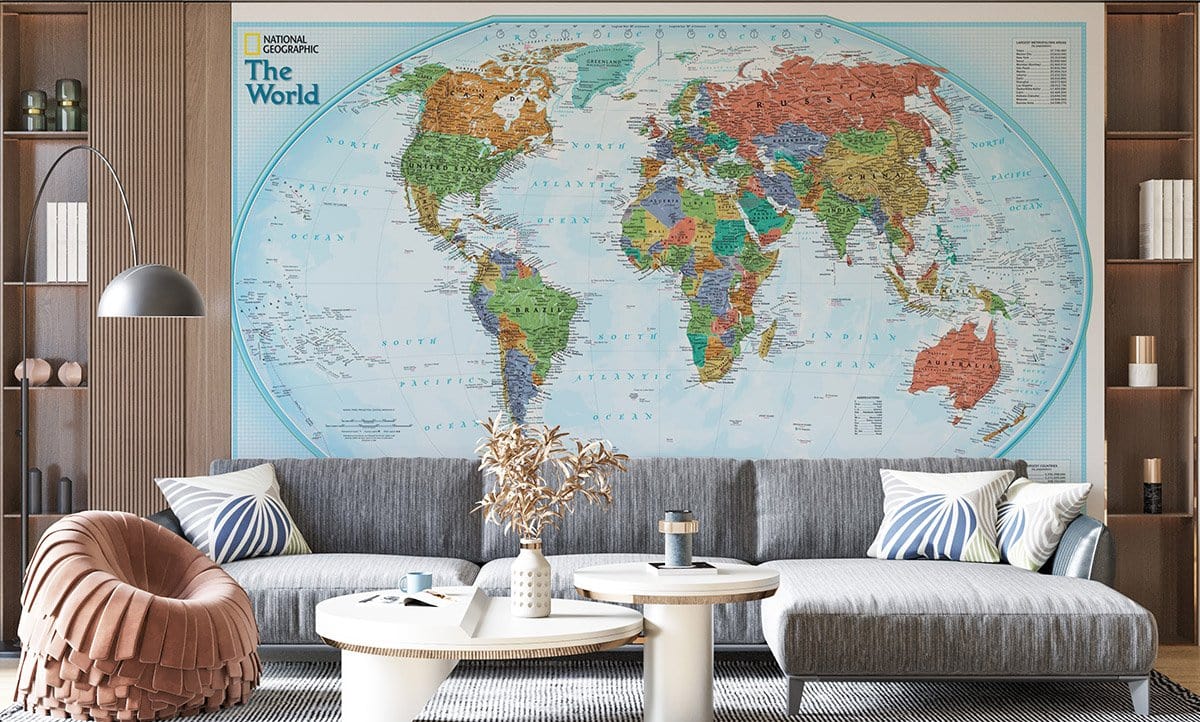 Political Explorer World Map Educational Mural Wallpaper in living room