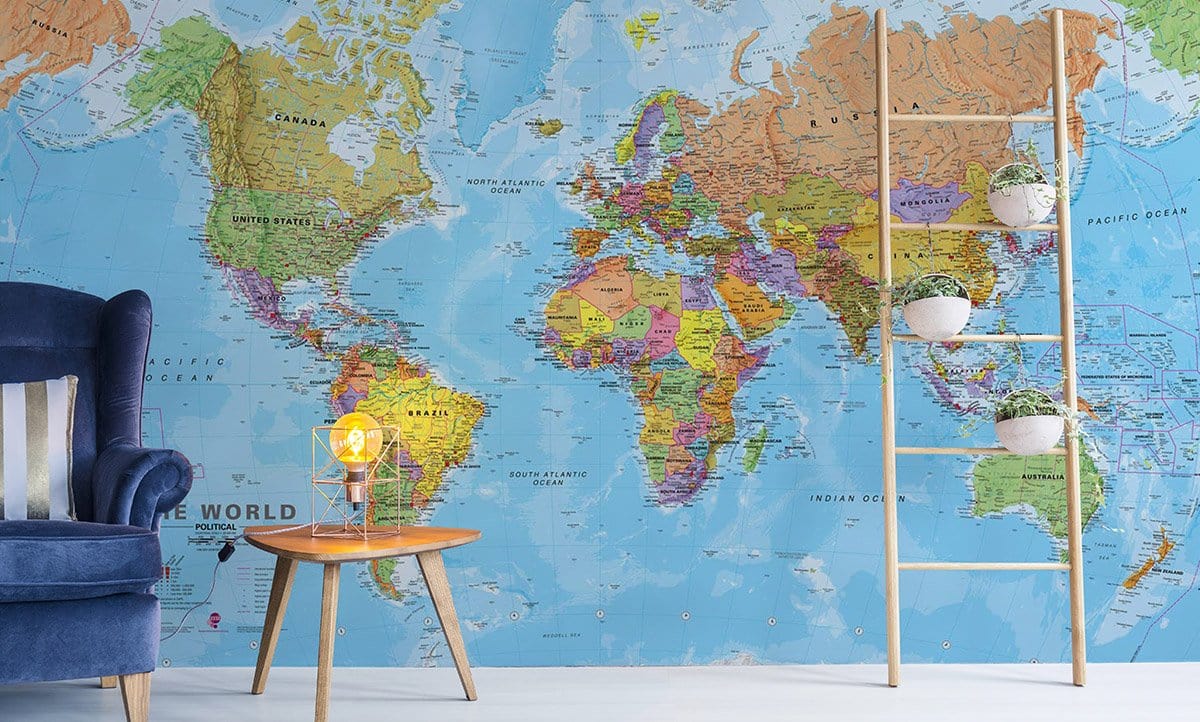 Colorful World Map Educational Wall Mural Wallpaper in living room