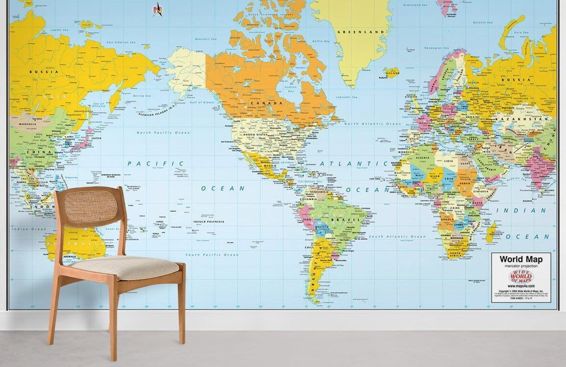 Educational Bright World Map Mural Wallpaper in office