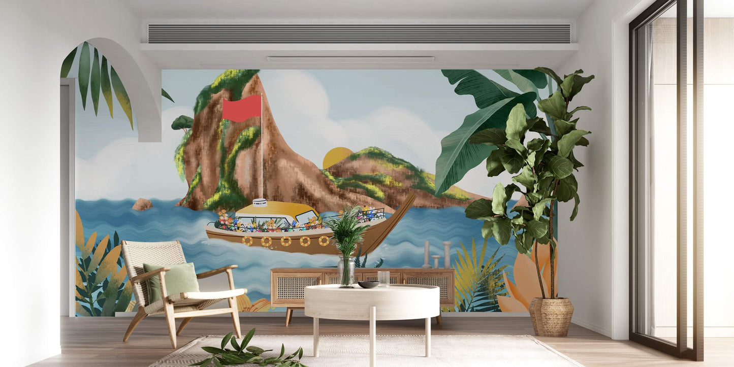 Tropical Boat Adventure Kids Mural Wallpaper in living room