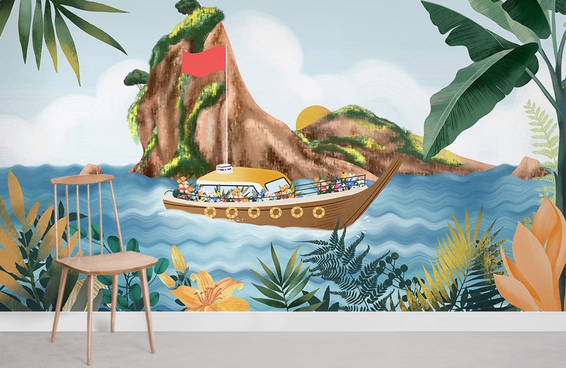 Tropical Boat Adventure Kids Mural Wallpaper
