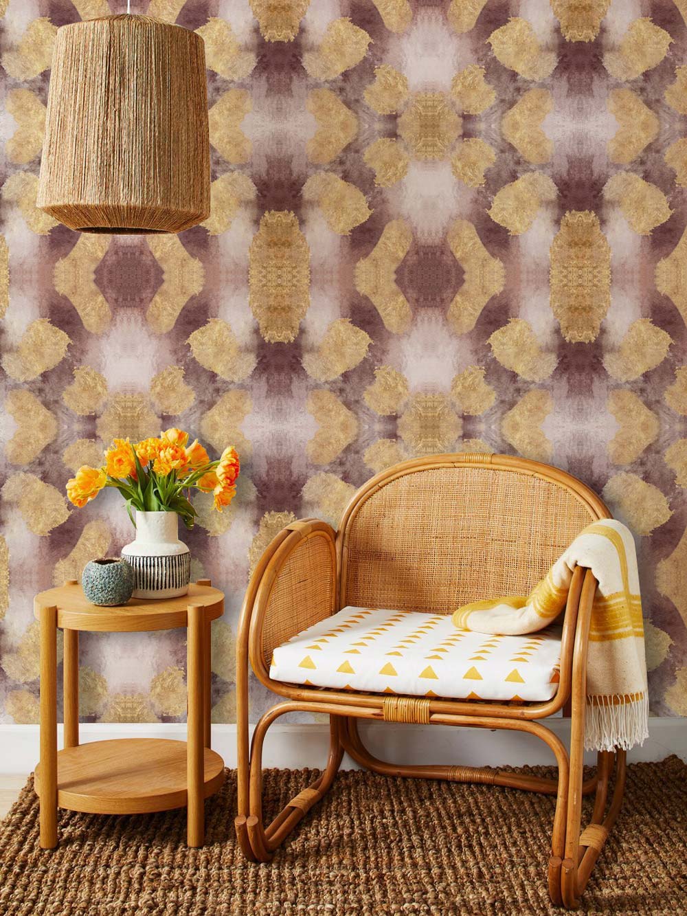 Geometric Abstract Gold Pattern Mural Wallpaper in living room