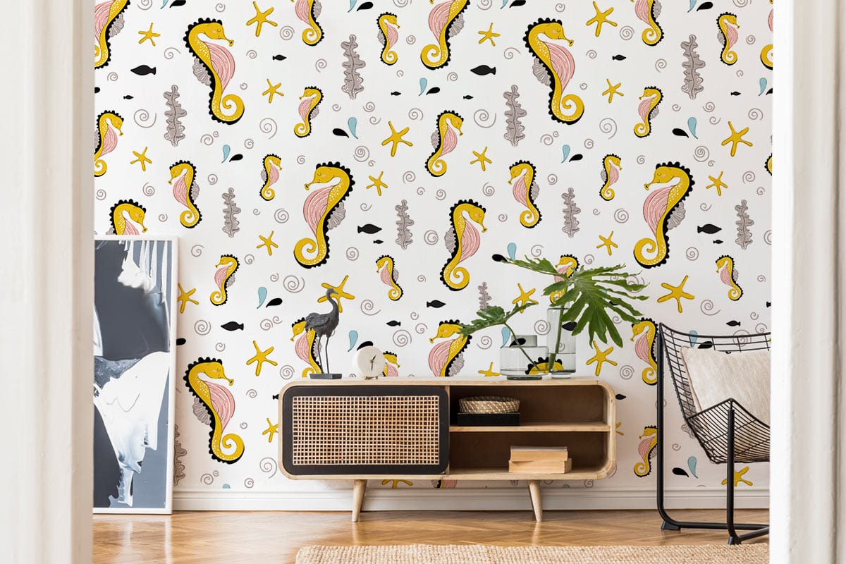Yellow Seahorses Animal Wallpaper Home Interior Decor