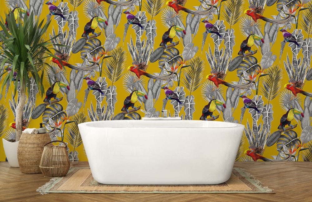 yellow jungle wall mural bathroom decor