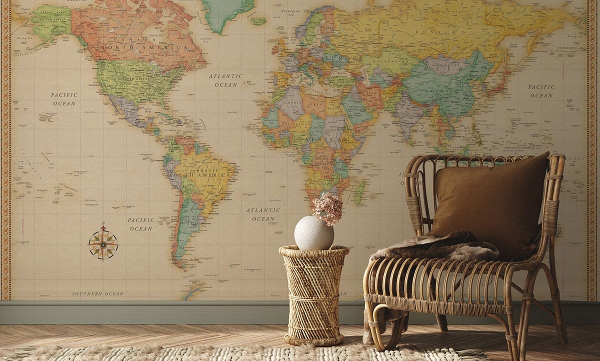 Vintage World Map Information Mural Wallpaper in reading room