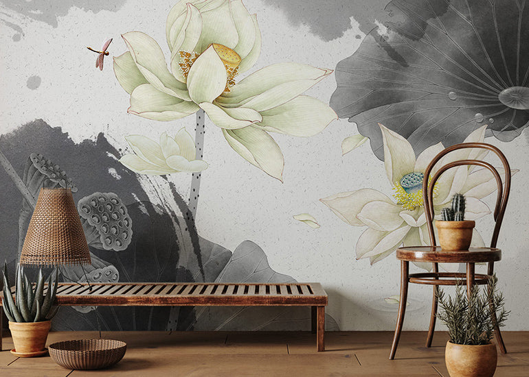 black & white lotus blossom wall mural