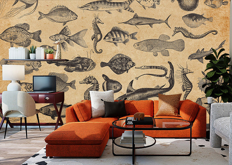 vintage ocean fish brown wallpaper mural