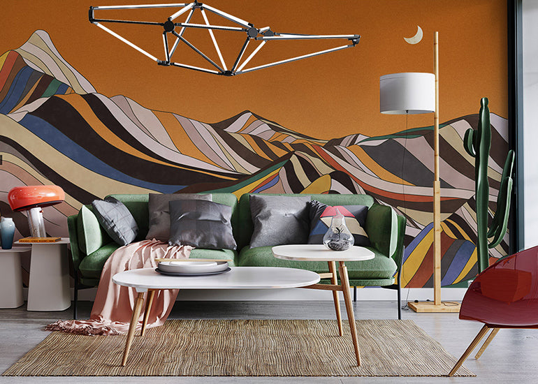 line drawn mountain orange wallpaper mural