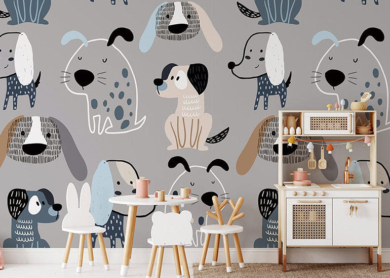 bulldog & sausage dog on gray backdrop wall murals
