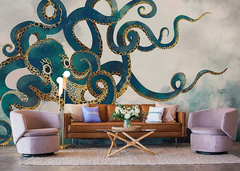 turquoise giant octopus wallpaper mural