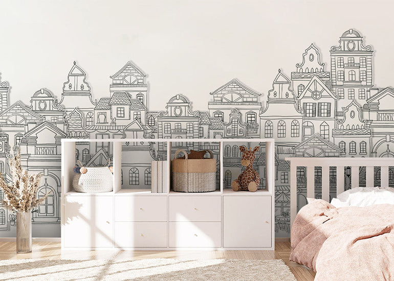 white portrait buildings wallpaper mural
