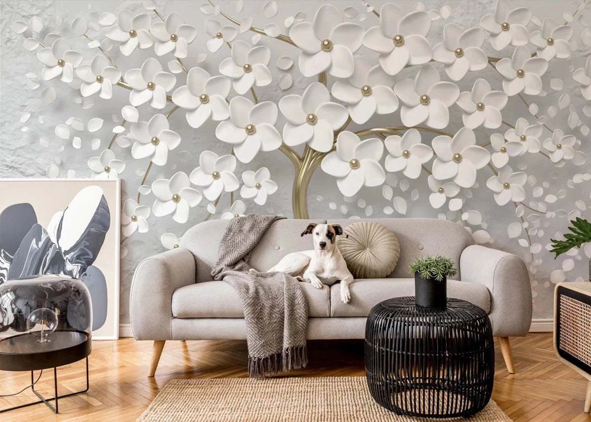 3D white blossoms wall mural for living room