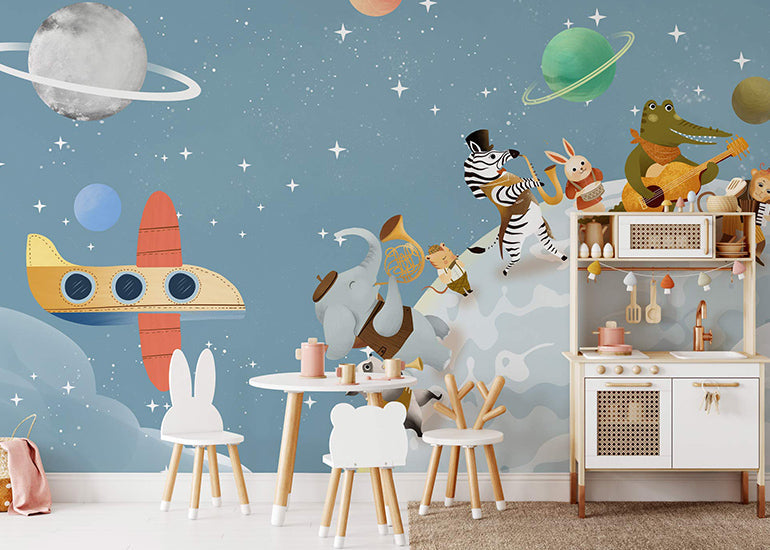 animal band in space wall mural for nursery