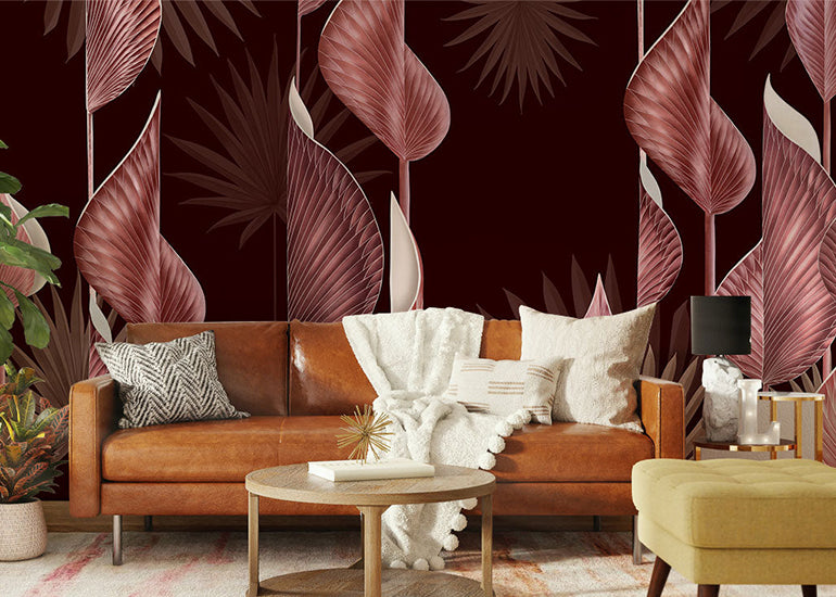 pink 3d leaves wallpaper mural