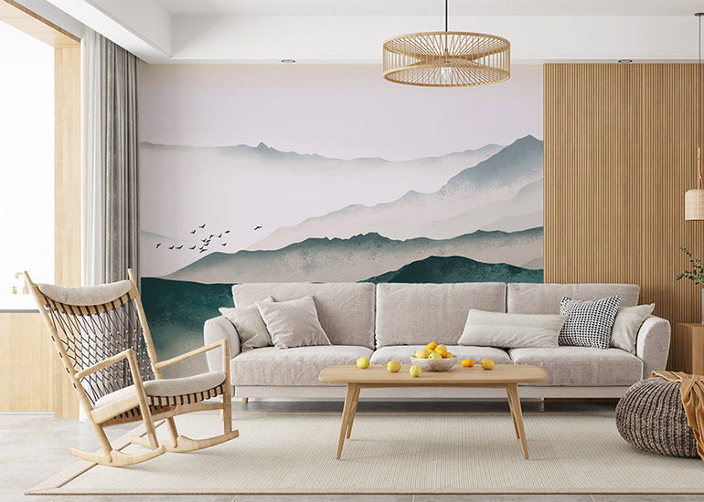 ink foggy mountains wallpaper mural