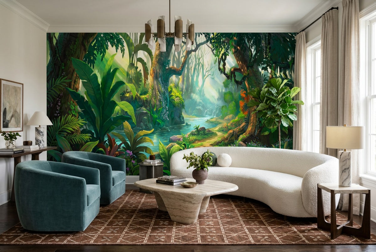 Wild Leafy Green Jungle Wallpaper Mural room scene