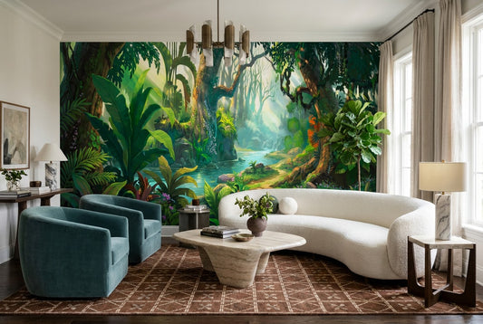 Wild Leafy Green Jungle Wallpaper Mural room scene