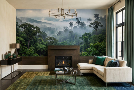 Muted Serene Misty Forest Wallpaper Mural room scene