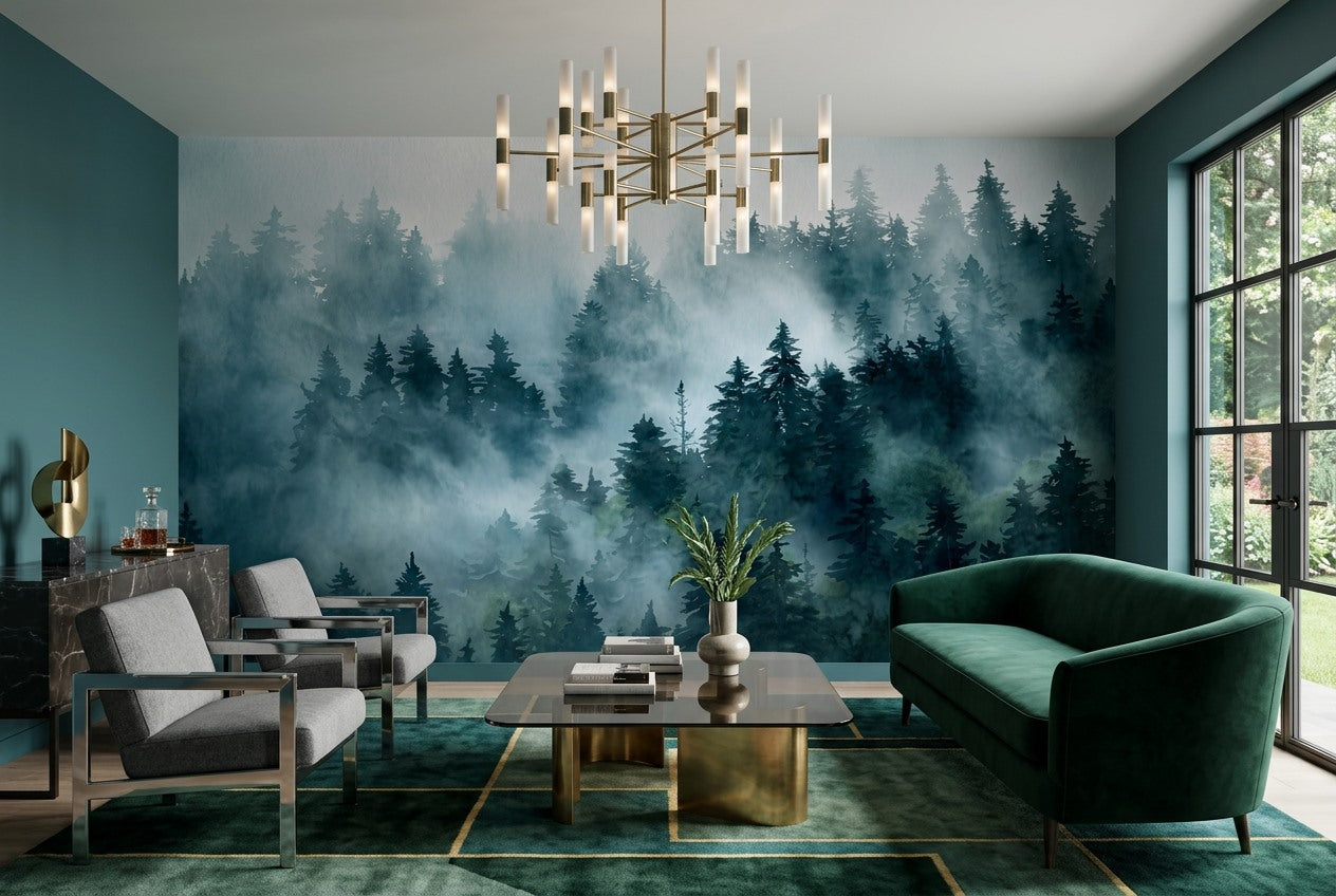 Grey Misty Forest Wallpaper Mural room scene