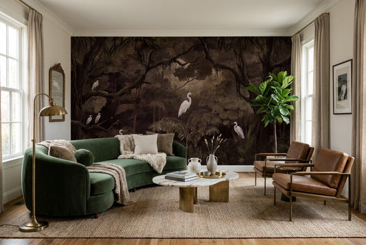 Deep Night Egret Dark Forest Wallpaper Mural room scene