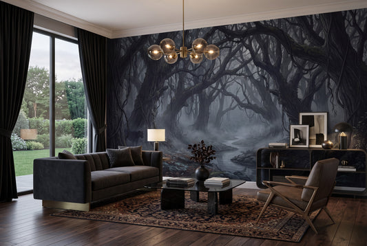 Deep Mist Dark Forest Wallpaper Mural room scene