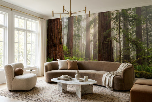 Earthy Gray Redwood Forest Wallpaper Mural room scene