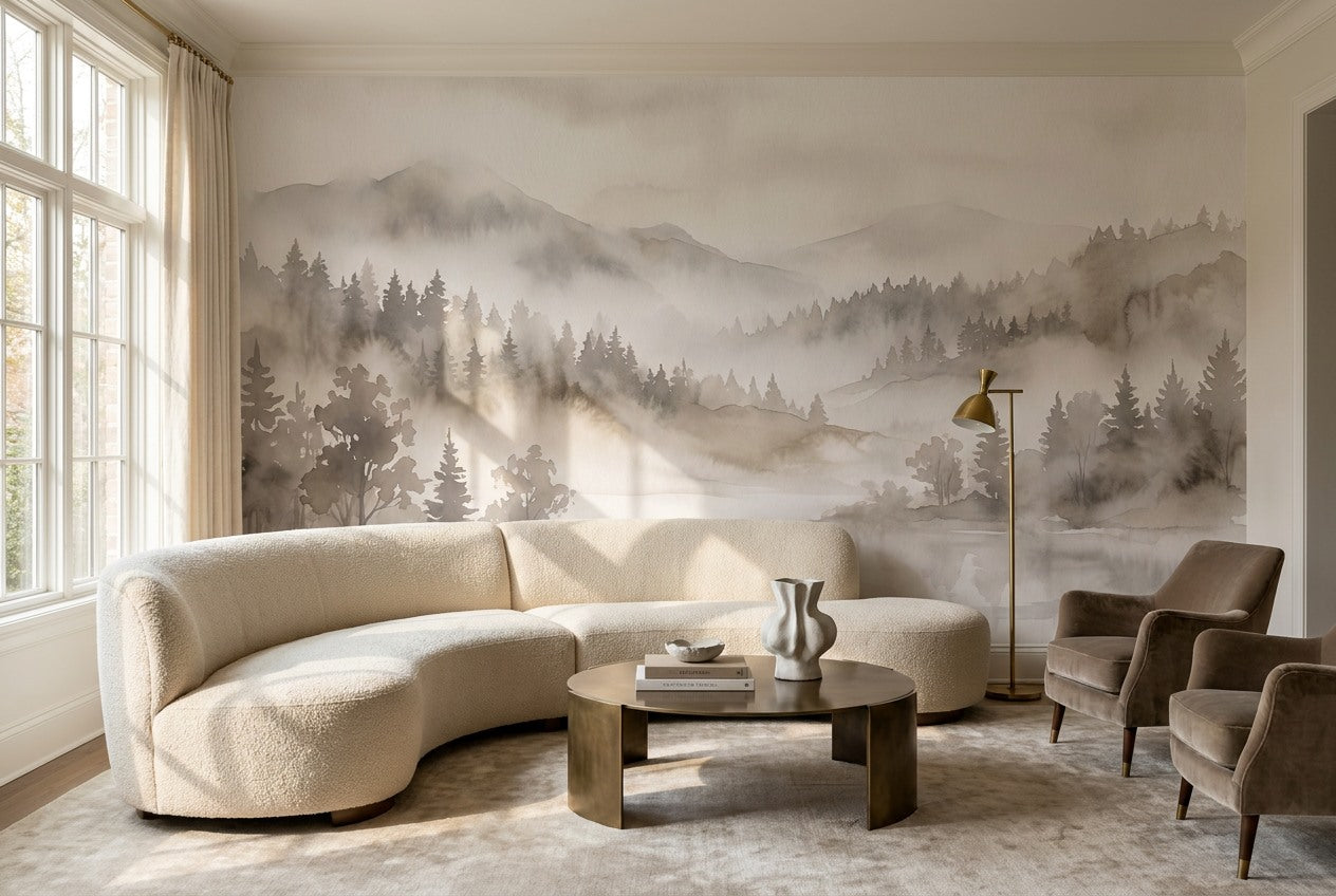Sepia Grey Misty Forest Wallpaper Mural room scene
