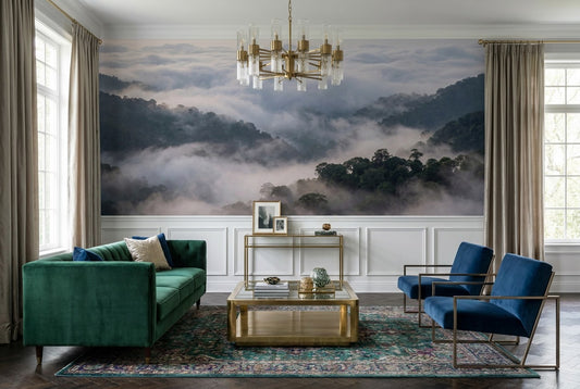 Ethereal Gray Misty Forest Wallpaper Mural room scene
