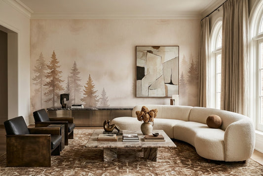 Light Beige Misty Forest Wallpaper Mural room scene